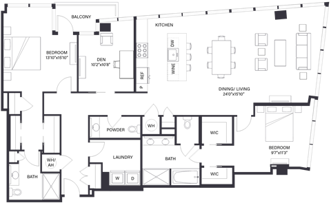 Floor plan for 2 beds, 2.5 baths, 1949 sqft