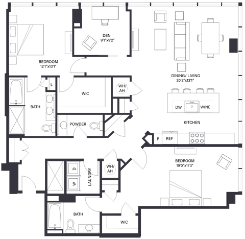Floor plan for 2 beds, 2.5 baths, 1770 sqft