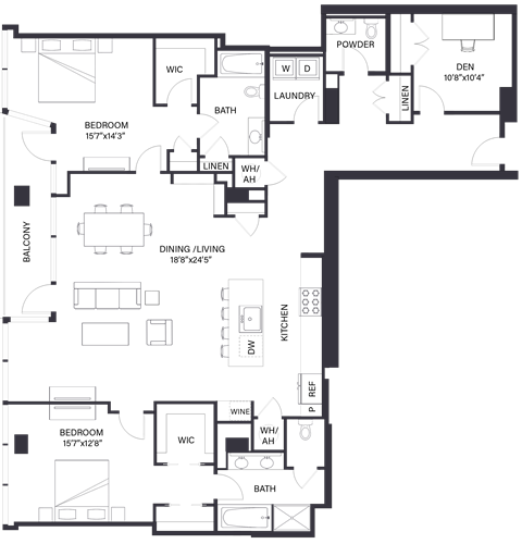 Floor plan for 2 beds, 2.5 baths, 2075 sqft