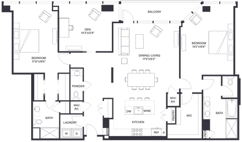 Floor plan for 2 beds, 2.5 baths, 2063 sqft