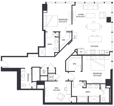 Floor plan for 2 beds, 2.5 baths, 1740 sqft