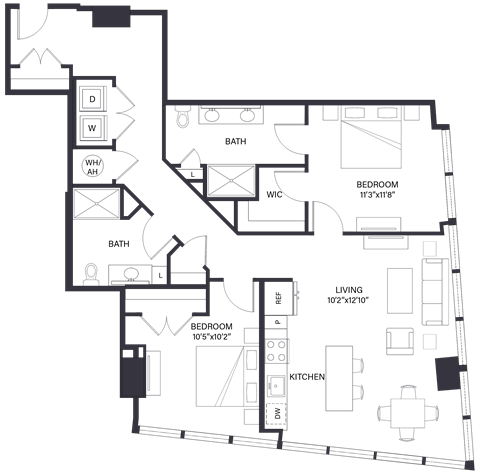 Floor plan for 2 beds, 2 baths, 1205 sqft