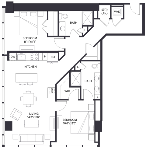 Floor plan for 2 beds, 2 baths, 1193 sqft