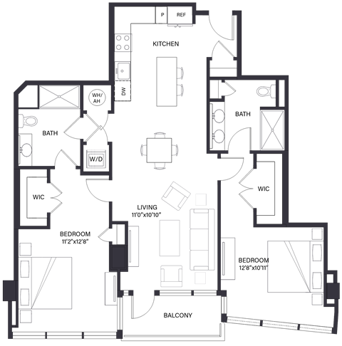 Floor plan for 2 beds, 2 baths, 1270 sqft