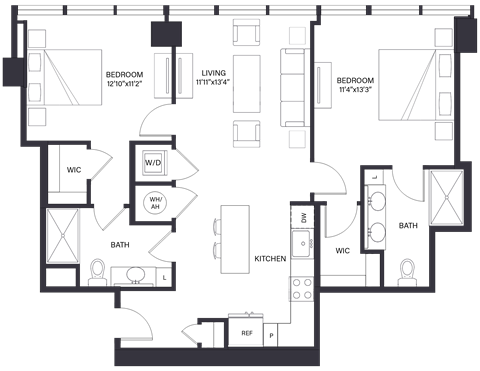 Floor plan for 2 beds, 2 baths, 1041 sqft