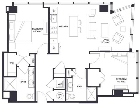 Floor plan for 2 beds, 2 baths, 1104 sqft