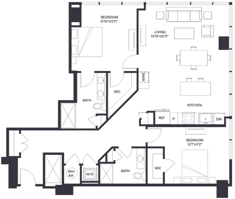 Floor plan for 2 beds, 2 baths, 1263 sqft