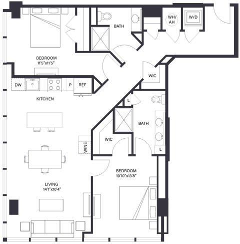 Floor plan for 2 beds, 2 baths, 1209 sqft
