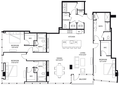 Floor plan for 3 beds, 3.5 baths, 2286 sqft