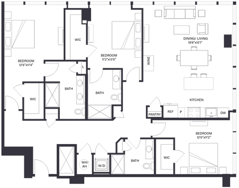 Floor plan for 3 beds, 3 baths, 1708 sqft