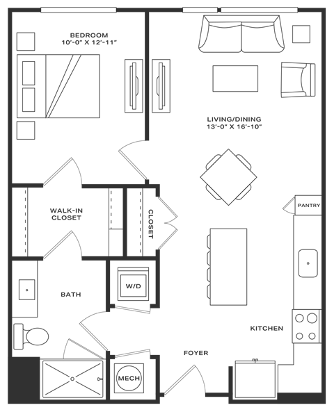 Floor plan for 1 bed, 1 bath, 726 sqft
