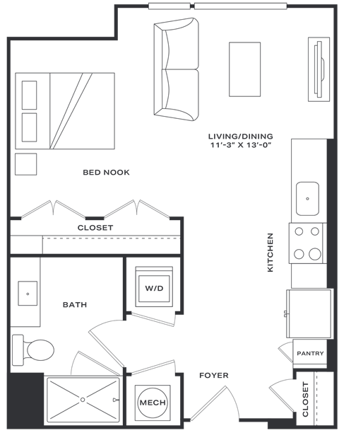 Floor plan for studio, 1 bath, 551 sqft