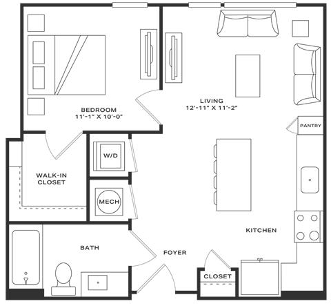 Floor plan for 1 bed, 1 bath, 608 sqft