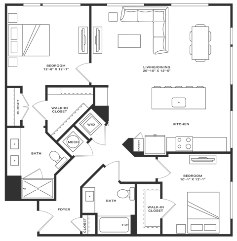 Floor plan for 2 beds, 2 baths, 1192 sqft