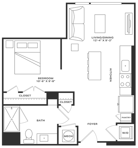Floor plan for studio, 1 bath, 602 sqft