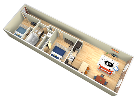Floor plan for 2 beds, 1 bath, 1045 sqft