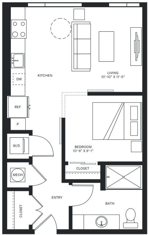 Floor plan for studio, 1 bath, 590 sqft