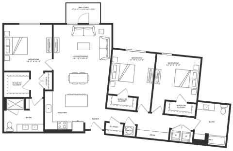 Floor plan for 3 beds, 2 baths, 1568 sqft