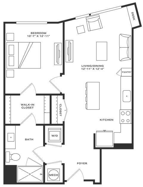 Floor plan for 1 bed, 1 bath, 711 sqft