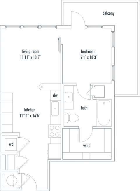Floor plan for studio, 1 bath, 598 sqft