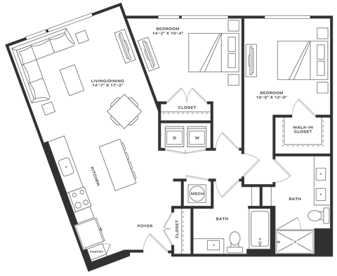 Floor plan for 2 beds, 2 baths, 1084 sqft