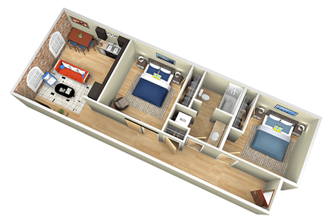 Floor plan for 2 beds, 1 bath, 803 sqft