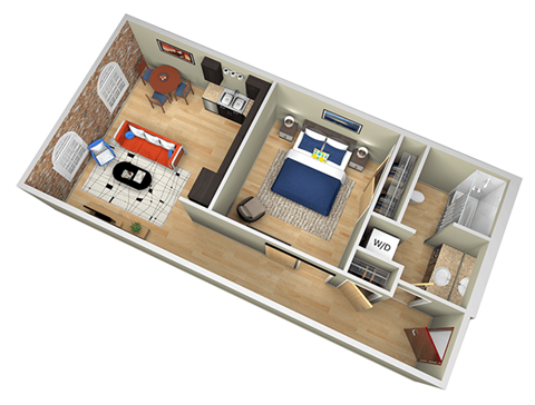 Floor plan for 1 bed, 1 bath, 619 sqft
