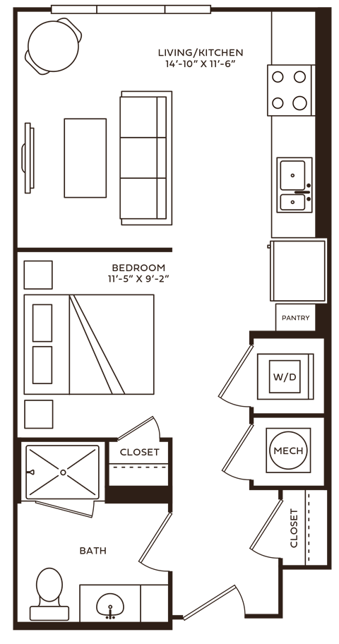 Floor plan for studio, 1 bath, 487 sqft
