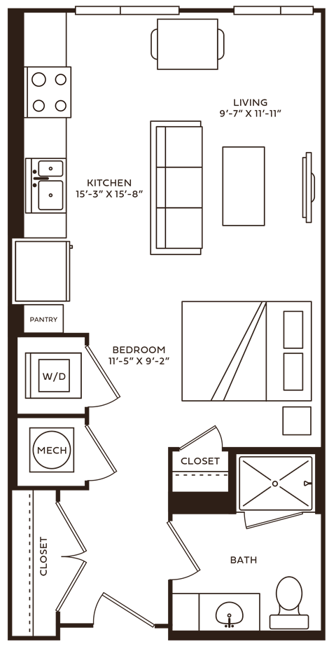 Floor plan for studio, 1 bath, 520 sqft