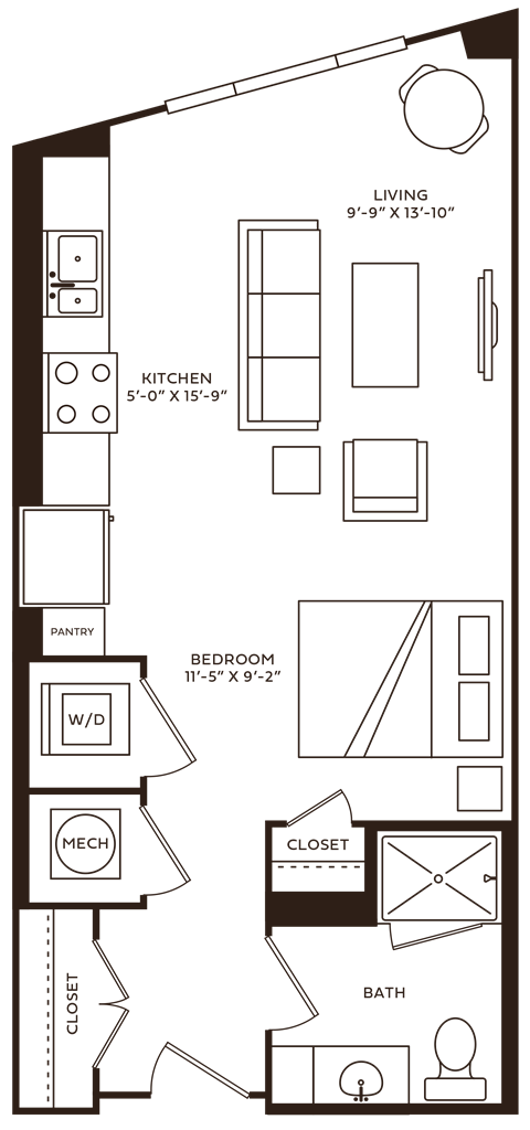 Floor plan for studio, 1 bath, 539 sqft