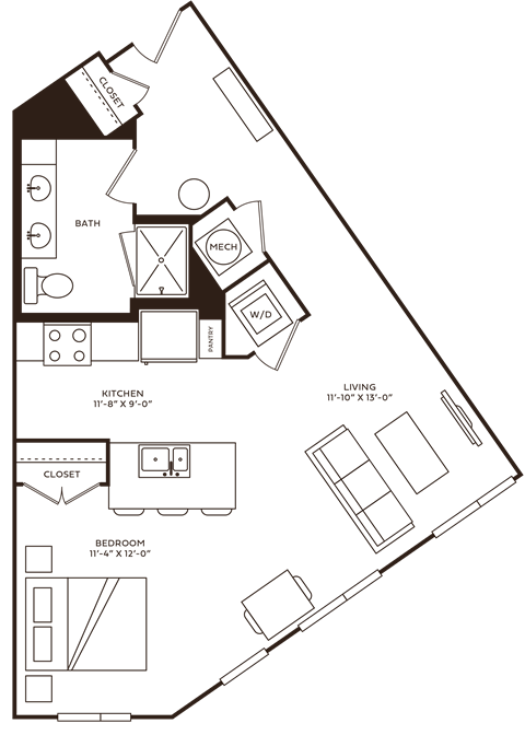 Floor plan for studio, 1 bath, 690 sqft