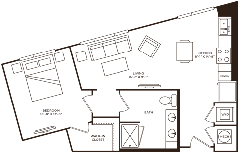 Floor plan for 1 bed, 1 bath, 672 sqft
