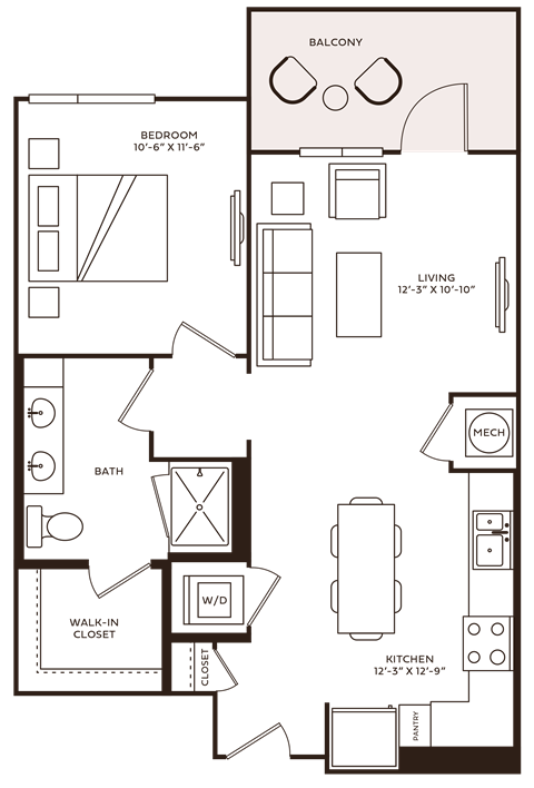 Floor plan for 1 bed, 1 bath, 696 sqft