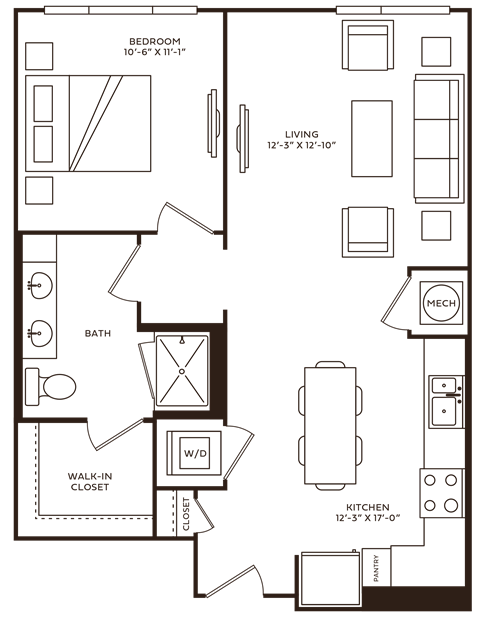Floor plan for 1 bed, 1 bath, 710 sqft