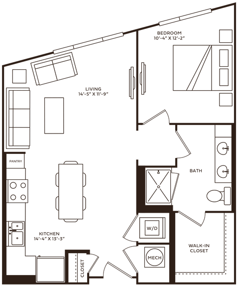 Floor plan for 1 bed, 1 bath, 717 sqft