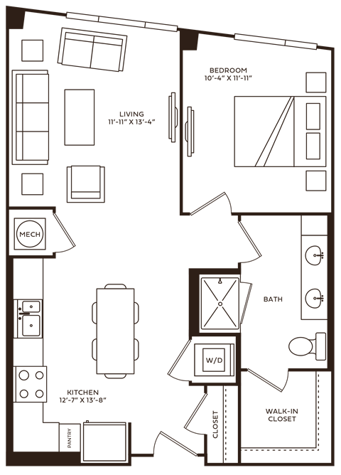 Floor plan for 1 bed, 1 bath, 730 sqft