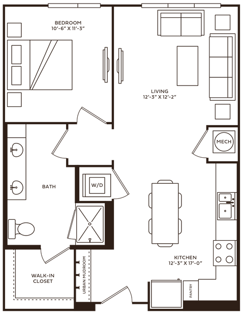 Floor plan for 1 bed, 1 bath, 734 sqft