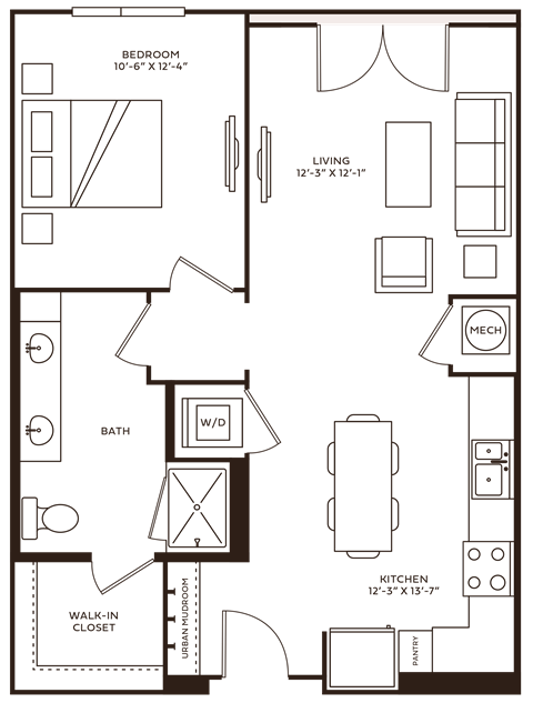 Floor plan for 1 bed, 1 bath, 737 sqft