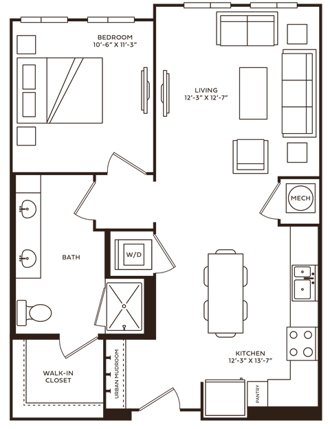 Floor plan for 1 bed, 1 bath, 749 sqft