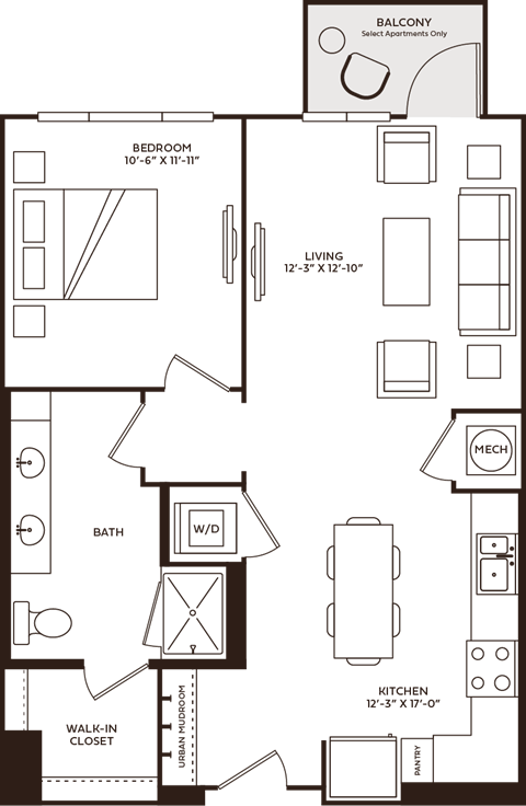 Floor plan for 1 bed, 1 bath, 750 sqft