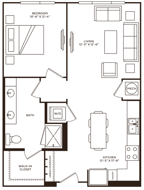 Floor plan for 1 bed, 1 bath, 758 sqft
