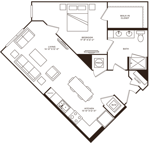 Floor plan for 1 bed, 1 bath, 808 sqft
