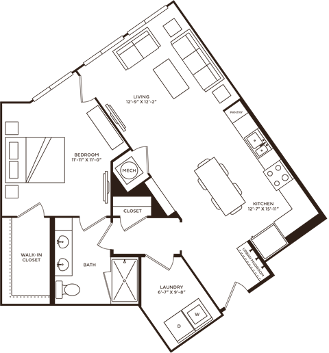 Floor plan for 1 bed, 1 bath, 858 sqft