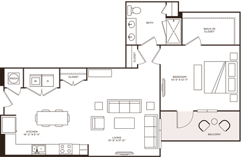 Floor plan for 1 bed, 1 bath, 977 sqft