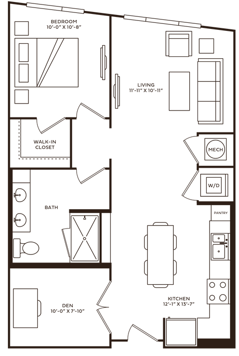 Floor plan for 1 bed, 1 bath, 798 sqft