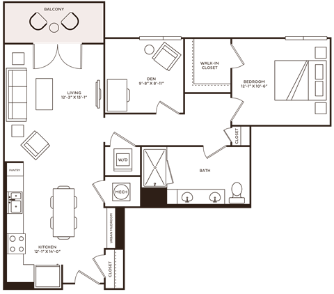 Floor plan for 1 bed, 1 bath, 913 sqft