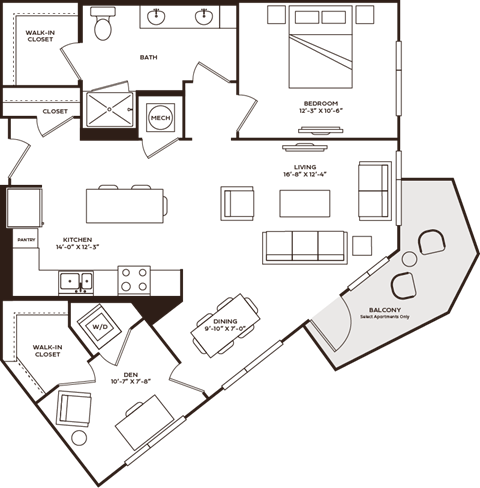 Floor plan for 1 bed, 1 bath, 964 sqft