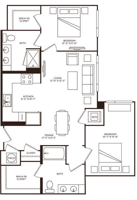 Floor plan for 2 beds, 2 baths, 1020 sqft