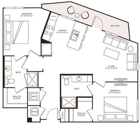 Floor plan for 2 beds, 2 baths, 1032 sqft
