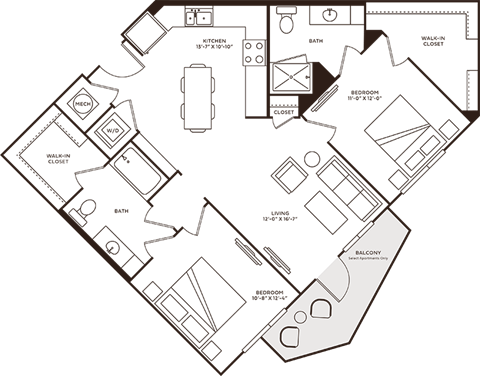 Floor plan for 2 beds, 2 baths, 1068 sqft